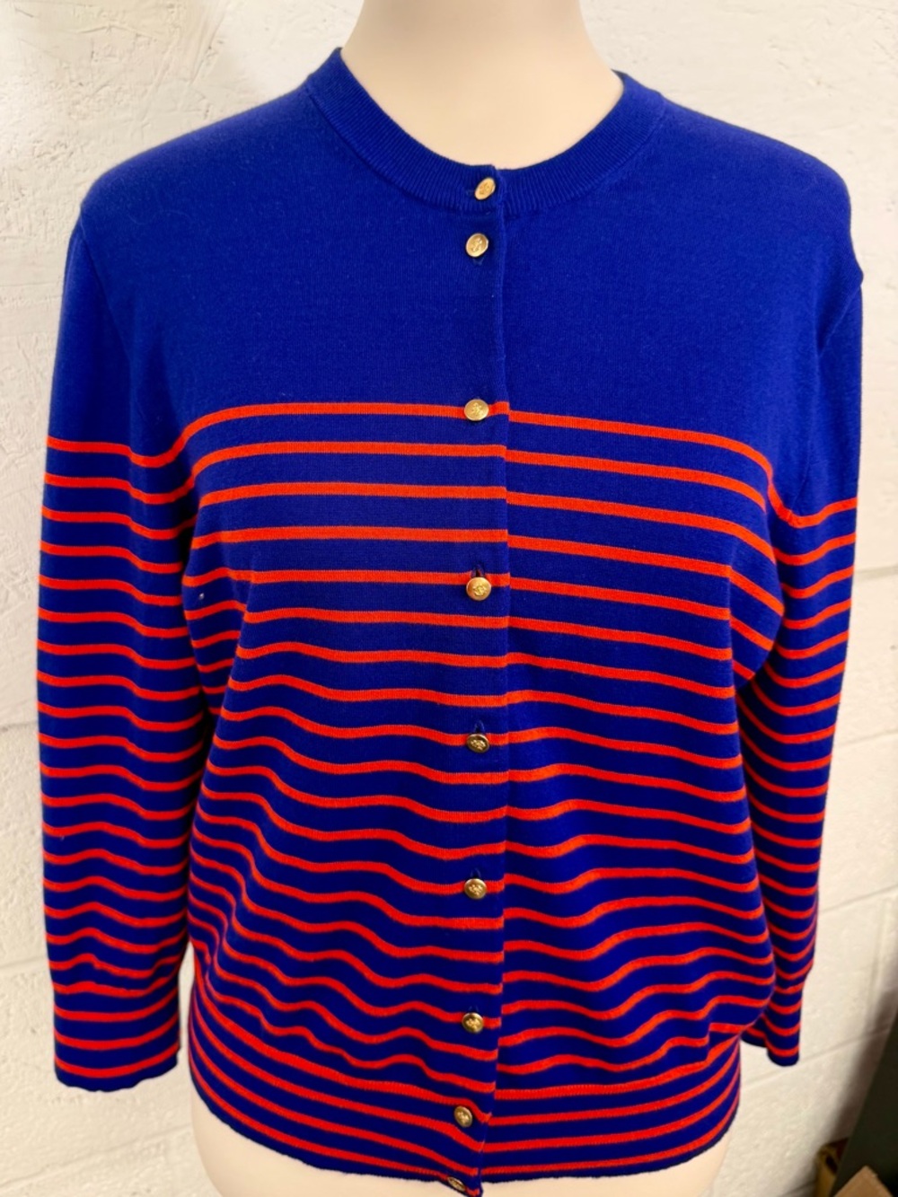 J.Crew Nautical Stripe Crewneck Cardigan Sweater Gold Anchor Buttons XL
